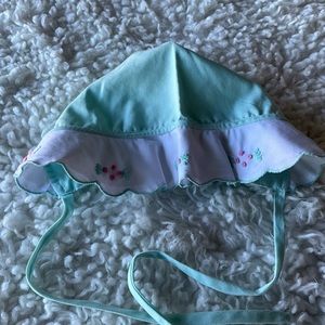 Vintage baby bonnet hat mint green embroidered flowers 9-18 mo
